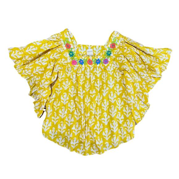 Sister Mary Beautiful Ruffle Sleeve Top Sz Medium Embroidered Yellow Boho Cotton